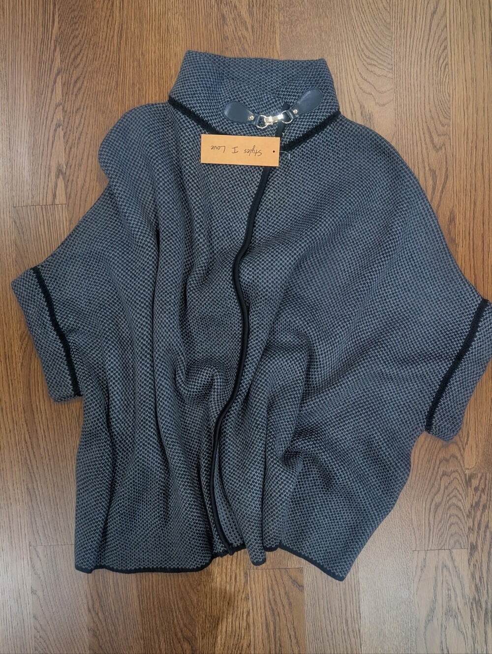 Vintage Gray Tweed Knit Sweater Shawl with Buckle Closure At Neck